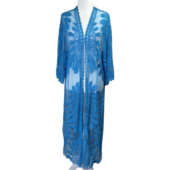 Rebellione Size M /L Long Blue Sheer Cover Up Kimono With Embroidered Floral - Picture 1 of 11